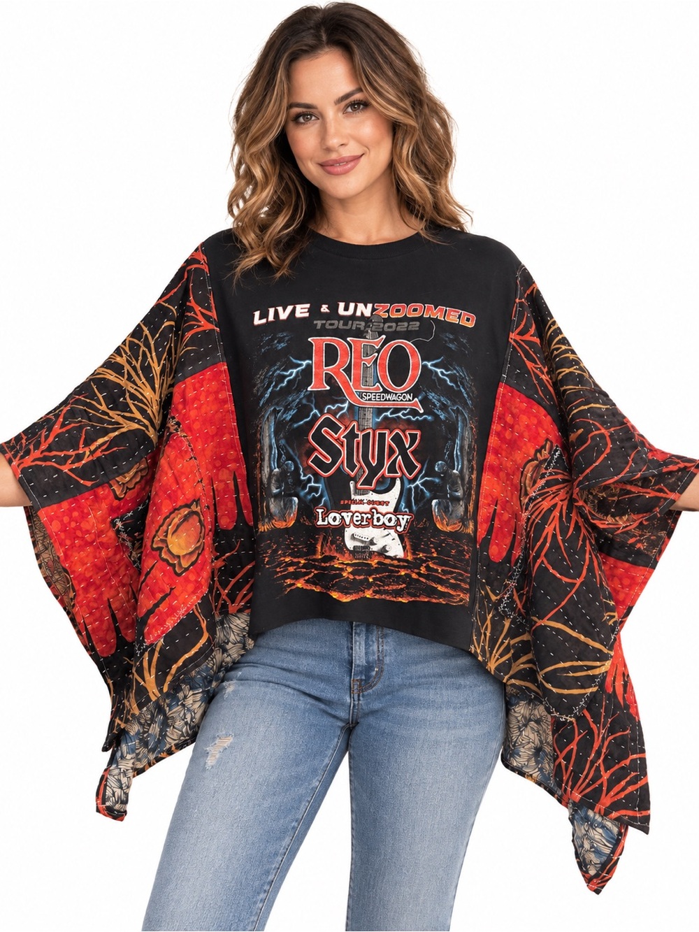 REO Speedwagon Styx Loverboy Upcycled Tour Tee Kantha Kimono Boho Tunic